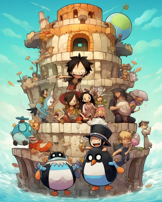 《海贼王》角色与企鹅共筑冰屋，动漫艺术风格