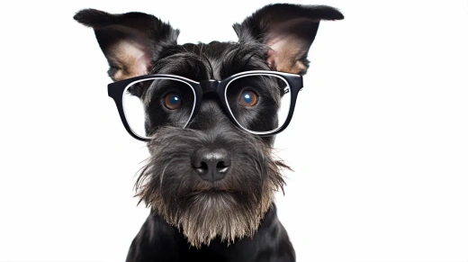 快樂的蘇格蘭梗犬戴眼鏡仰望，白色背景孤立拍攝，照片逼真 -- 16:9 -- s 50