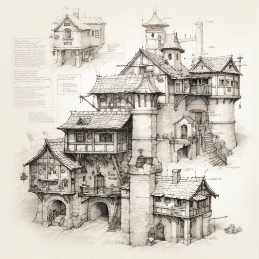 中世纪幼儿园细节素描与蓝图：精致设计，线条流畅，完美之作