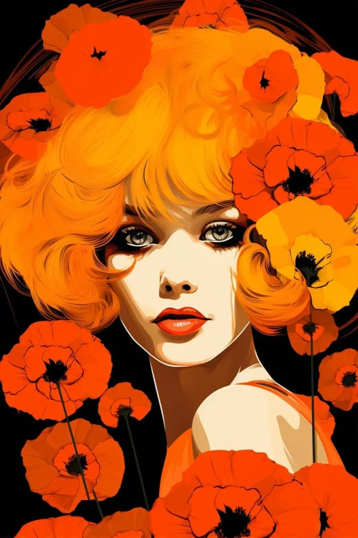 复古波普风格的橙色女孩，头发中插着罂粟花，时尚插画