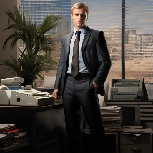 邪恶俄罗斯CEO：身材高挑，面容威严，穿着正式服装站在办公室，旁边有传真机。