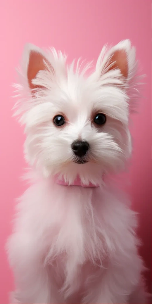 可爱的白色狗狗站在粉红色背景上，风格模仿刘烨、极简卡通，本山大叔、壁纸、费拉尼娅P30、宇田直树——AR 9:18——V 5.2