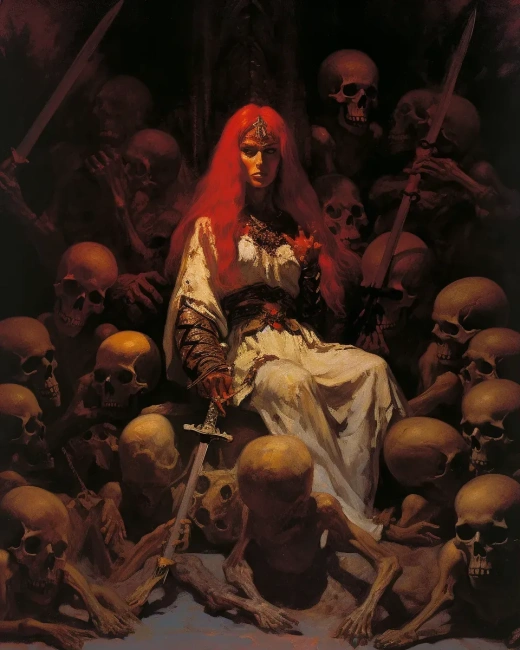 红色女战士坐在骷髅王座上，弗雷泽塔奇幻艺术 - 原始风格2YsgDtQ2UR4a9McFpRBCVPB