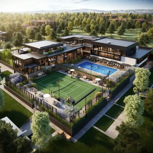 3D全景渲染：足球场、网球场及周边公寓楼