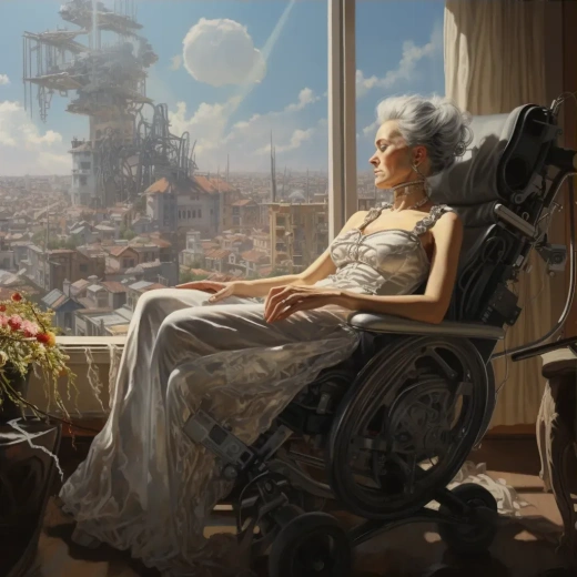 瘫痪的富裕老女人，现代城市背景下的复古居室