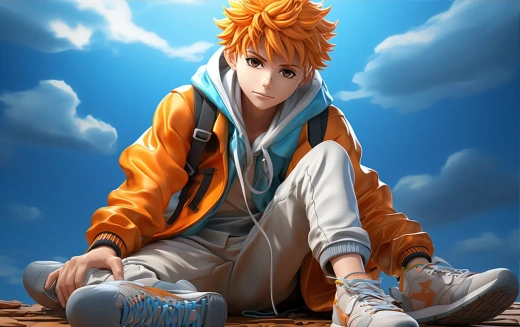迷茫少年的日本动漫男孩：橙色头发、蓝色眼睛，时尚运动鞋，蓝白运动服，清晰细节，日式3D动画风格