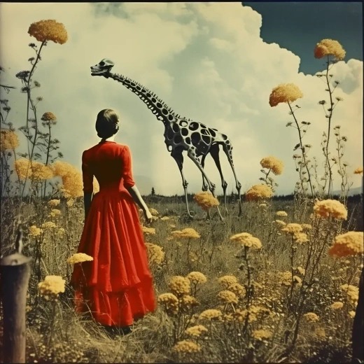 1910年代超现实主义：17岁模特漫步田野，红裙飘逸，背景中巨骨长颈鹿与鲜花嬉戏，温暖黄光16:9。