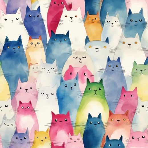 蓝粉黄色彩的胖猫们，像Totoro一样站在人群中的吉卜力风格漫画水彩画