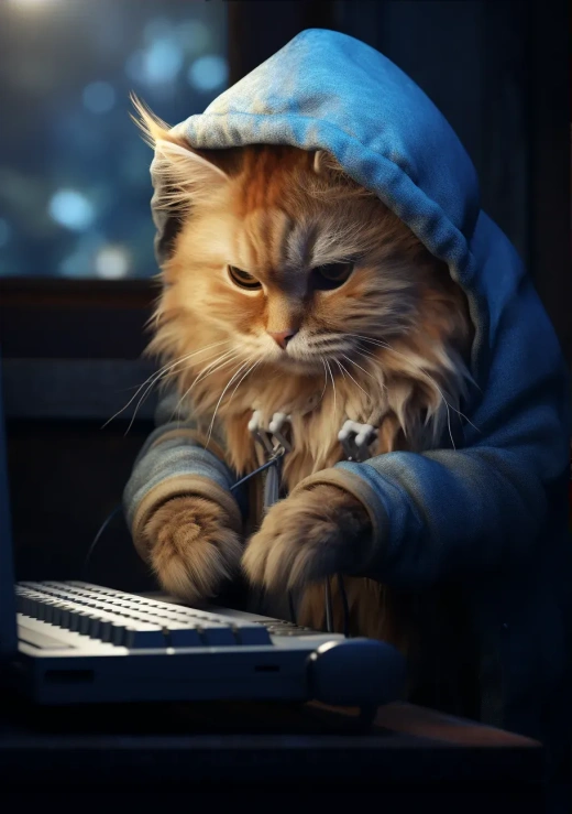 猫咪在电脑上输入的逼真照片