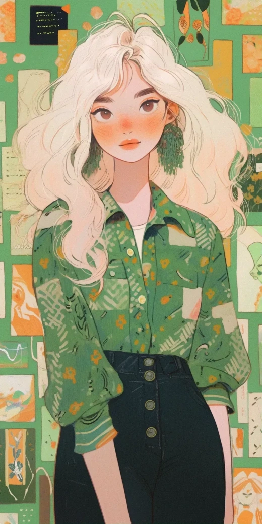 绿色衬衫女士卡通插画作品，贝卡·德洛芙夫人的艺术风格，Grunge美女与Sandar Tang的混合图案，近距离展现可爱角色插画，民俗风情。