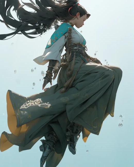 水霧環(huán)繞的底視圖女性，流體力學(xué)與陽(yáng)光充盈，受古中國(guó)藝術(shù)啟發(fā)的奇幻武俠風(fēng)格傳統(tǒng)技法重新想象，超高真實(shí)度的16K高清畫質(zhì)。