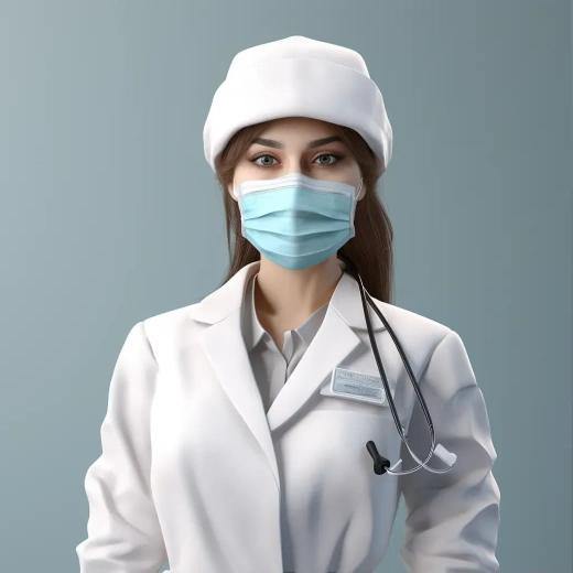 女医生穿护士帽口罩白大褂戴听诊器，前景柔和色彩，3D模型，细腻光泽，干净背景。