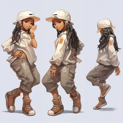 Kawai Hip-Hop风格女角色坐姿，双手插兜，翻页动画Sprite表格，跳舞——v 5.2——AR 1:1