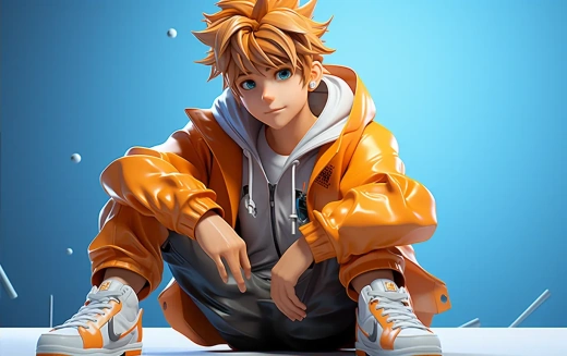 迷茫少年的日本动漫男孩：橙色头发、蓝色眼睛，时尚运动鞋，蓝白运动服，清晰细节，日式3D动画风格