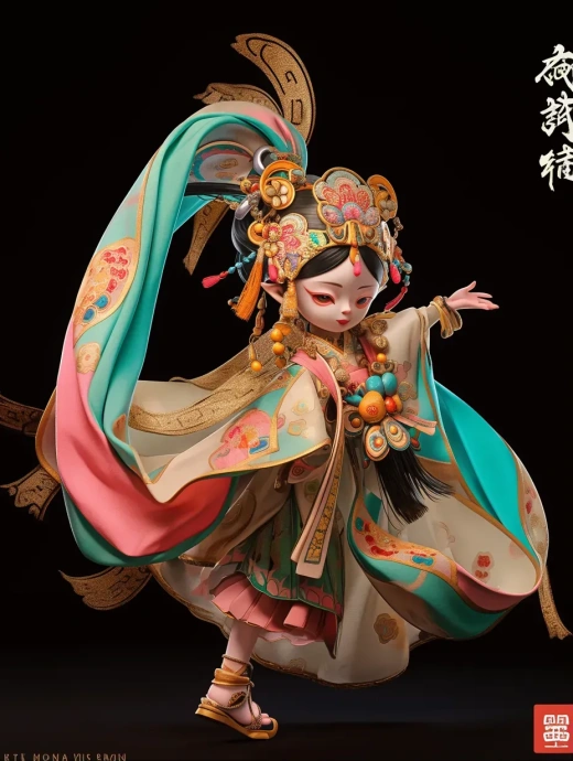 敦煌飞天艺术盒装盲盒：中国女孩汉服舞动敦煌，金色、绿色与红色服饰熠熠生辉