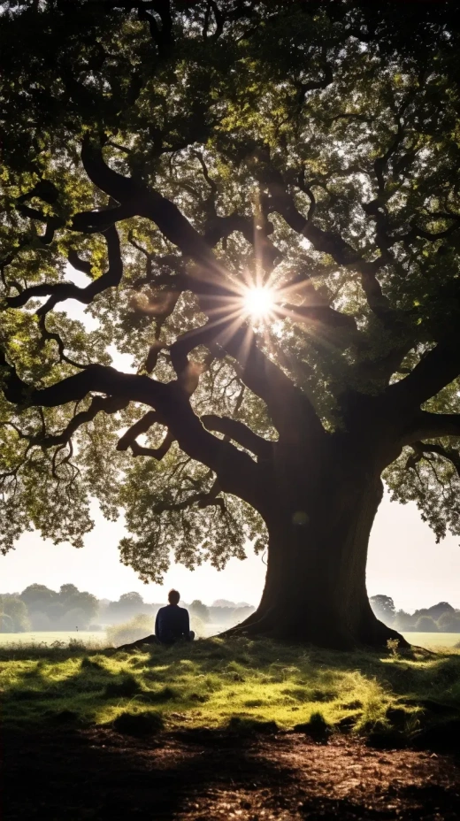 一个男子坐在橡树下的剪影，夏日清晨，近距离拍摄，欧洲，自然光线——无插图——ar 9:16——v 5.2
