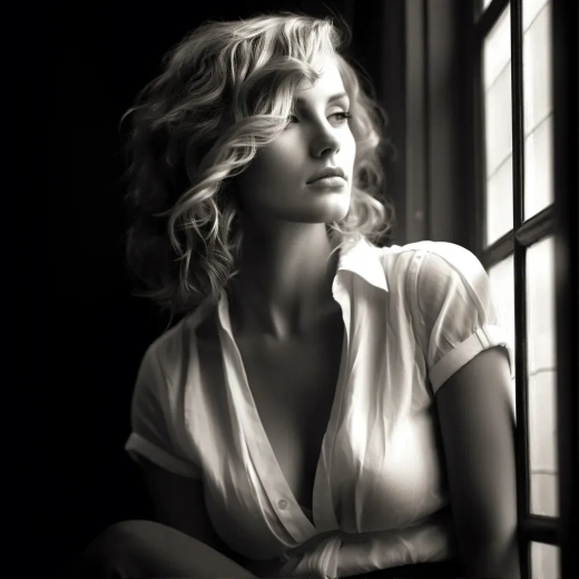 现代女性坐在老建筑大窗前，凝视远方，手握香槟杯的黑白照片