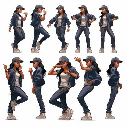 Kawai Hip-Hop风格女角色坐姿，双手插兜，翻页动画Sprite表格，跳舞——v 5.2——AR 1:1