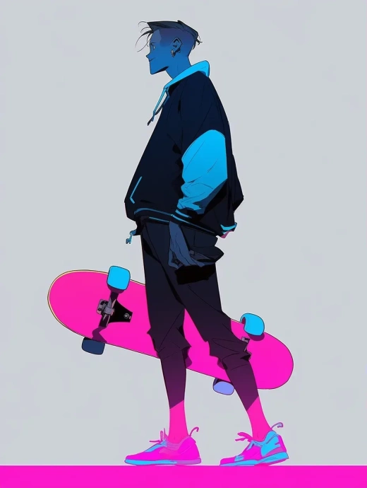 城市酷男孩：滑板手的自信微笑