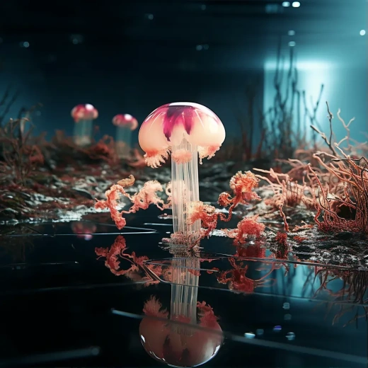 深海午夜，熒光水母閃爍著明亮的光芒。