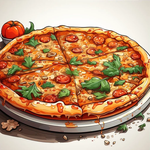 意大利披萨：大尺寸，正面视角，白色背景，卡通风格