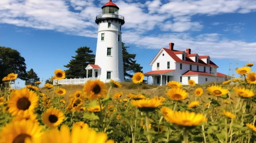 在康涅狄格州拍摄的阳光花田与和平标志灯塔的广角镜头