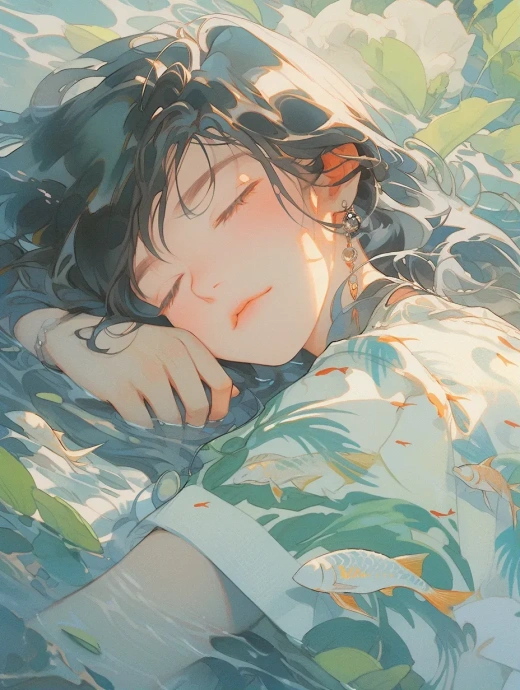 夏日微风，女孩躺在水床上，以动漫风格呈现的简约浪漫画面