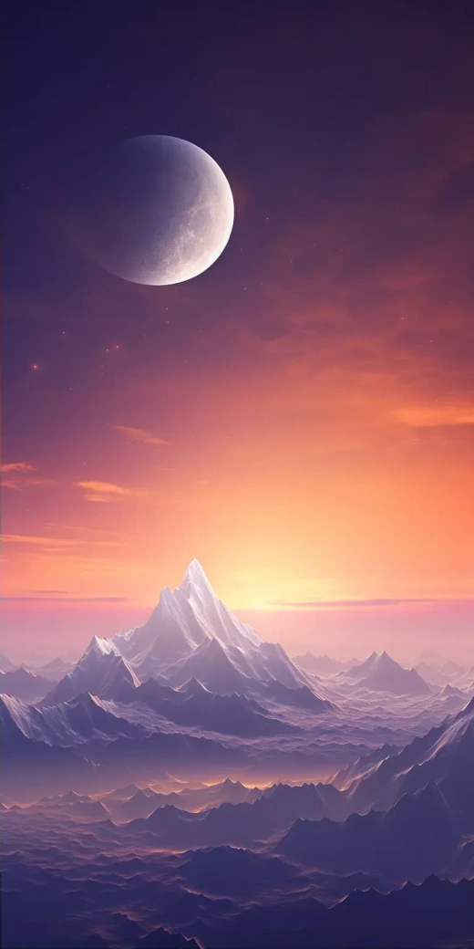 月亮升起于山脊之上，以德米特里·罗尔兰德、马克西米利安·皮尔纳的风格呈现，自然现象与UHD图像相结合，安东尼·法捷耶夫的光影白与琥珀色，逼真的拼贴画——AR 1:2。