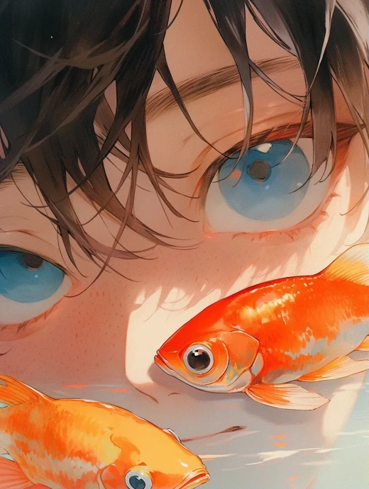 梦幻水中男孩与红鱼的温情对视