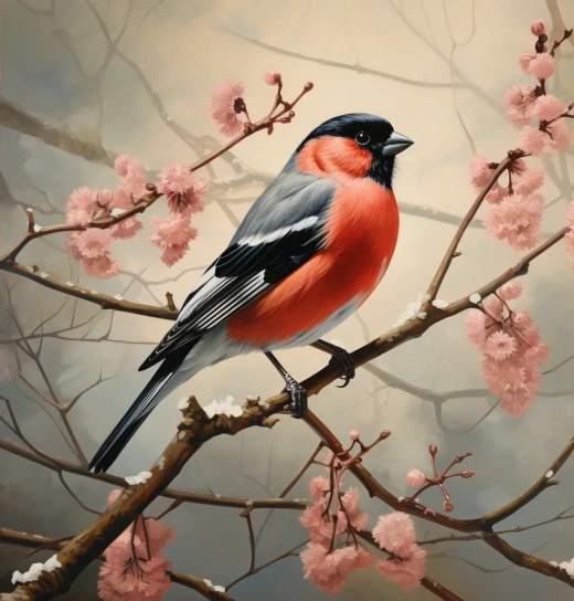 冬季枝头的肥嘟嘟的红雀，写实派画家风格，红棕与深灰，酸果色与黑，生动逼真的色彩，多彩，草原风情。