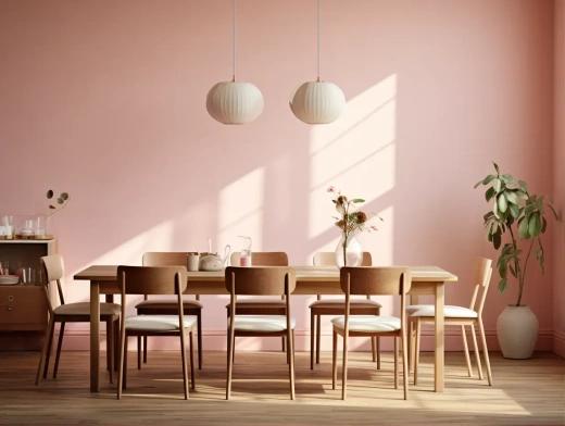 温馨现代餐厅：粉色调墙面与各式家具相映成趣