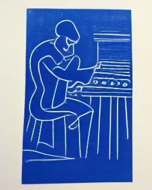 亨利·马蒂斯风格：简洁纯真的蓝白方格合成器演奏家