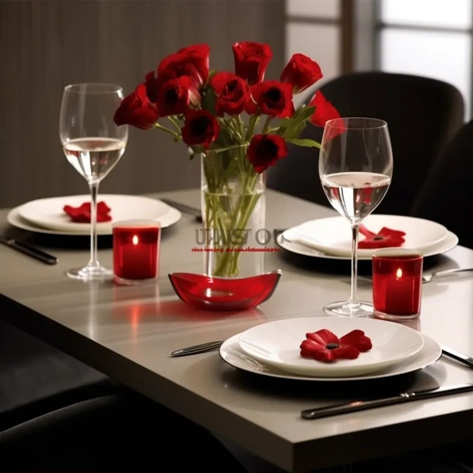 时尚餐厅：红心形餐具搭配鲜花与香槟杯，现代风格250人座