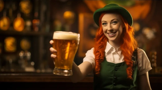 红发女服务员扮成爱尔兰女人，为庆祝圣帕特里克节提供啤酒，绿色调氛围 - 16:9