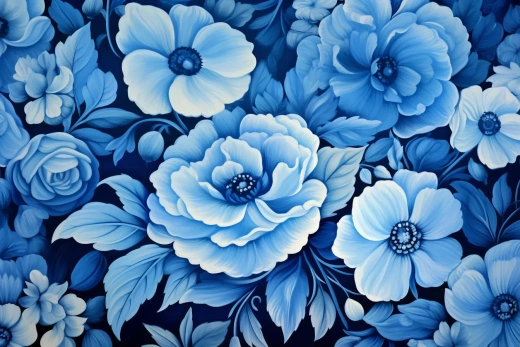 蓝色花卉图案花园油画，手绘——AR 3:2