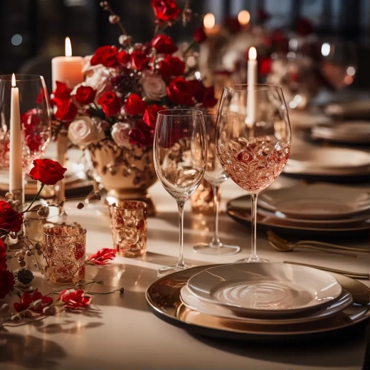 时尚餐厅：红心形餐盘搭配鲜花与香槟杯，现代风格。