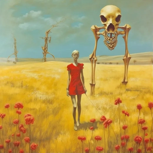 1910年代超现实主义：17岁少女漫步田野，红裙飘逸，背景奇异梦幻，巨骨长颈鹿携花同行
