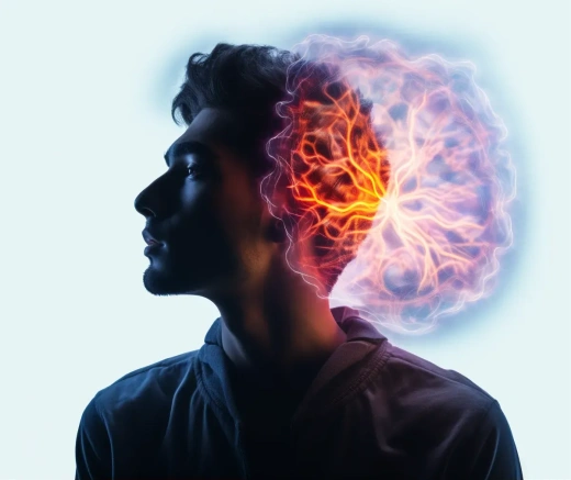 中東男子大腦發光，光影交織的超現實主義夢境