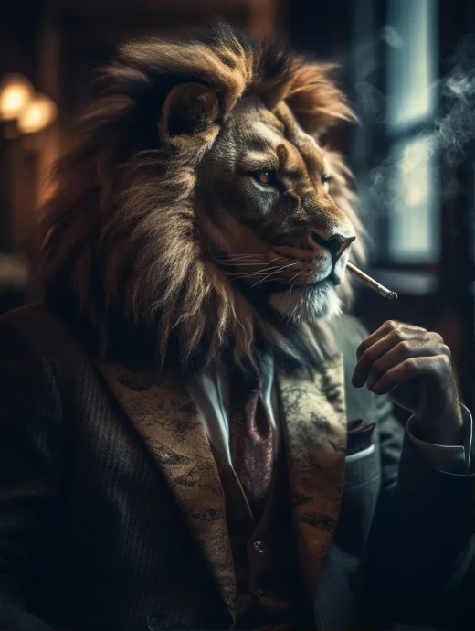 拟人化狮王的时尚肖像：烟雾缭绕，光影细腻，HDR与RAW交织的低对比视觉盛宴
