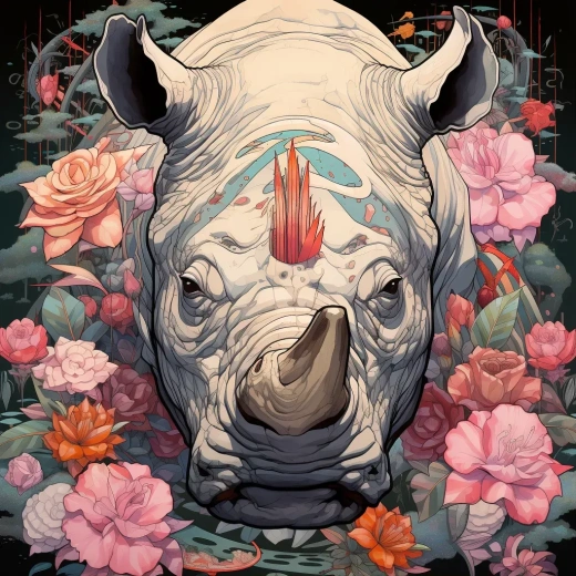 极富细节的数码花艺森林：Rhino头与Ukiyo-e风格的Cyberpunk艺术