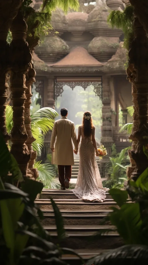 真实感爆棚！印尼新人婚礼当天，漫步花园，唯美背景，中景，16:9宽屏比例。