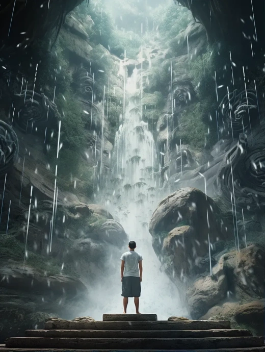 魚眼視角下的瀑布前男子與神秘漢字動畫