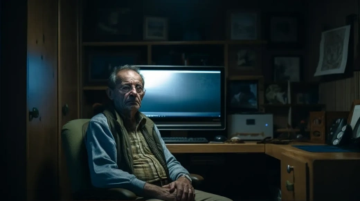 孤独父亲在破旧木屋办公室，冷光下玩35mm胶片，电视广告风格，16:9宽屏，5.1声道
