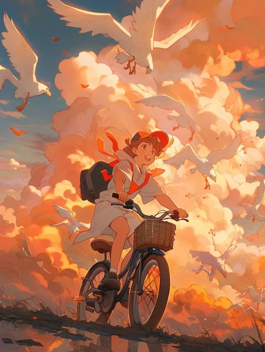 宮崎駿的天空飛獸：夕陽(yáng)下的飛行自行車