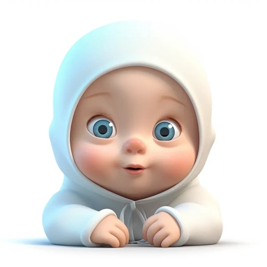 3个月大的宝宝，抬头微笑，身穿浅蓝衣物，毛发稀疏，棕色眼睛，白色背景，详细角色设计风格，高逼真度，采用--风格原始素材。