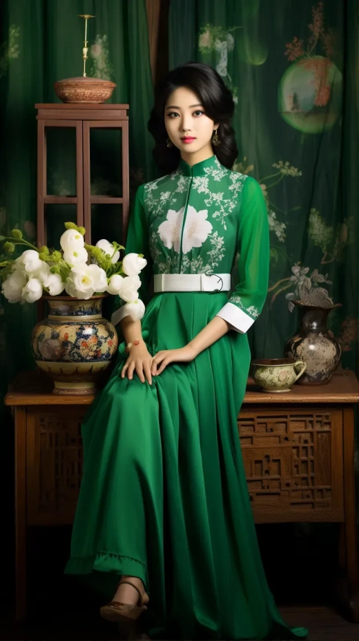 美丽的20岁西方女孩，越南奥黛和配件的翡翠绿与珍珠白色彩。全身照，专业摄影：背头-0.2，侧面-0.1，宽高比9:16，视频帧率为5.2，原始风格。