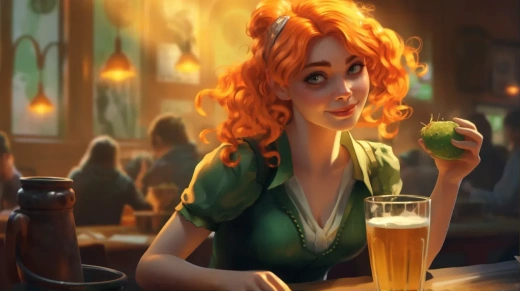 红发女服务员扮成爱尔兰女子，为庆祝圣帕特里克节，手持啤酒杯，周围氛围以绿色调为主