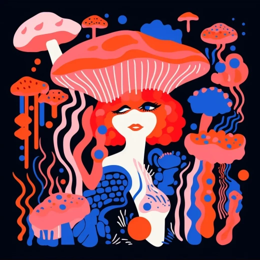 《蘑菇与植物的霓虹插画：波普艺术风格的丝网印刷》