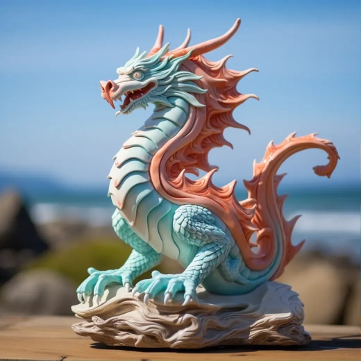 白瓷龍雕塑，中式傳統風格，海景無遮擋，色彩豐富。