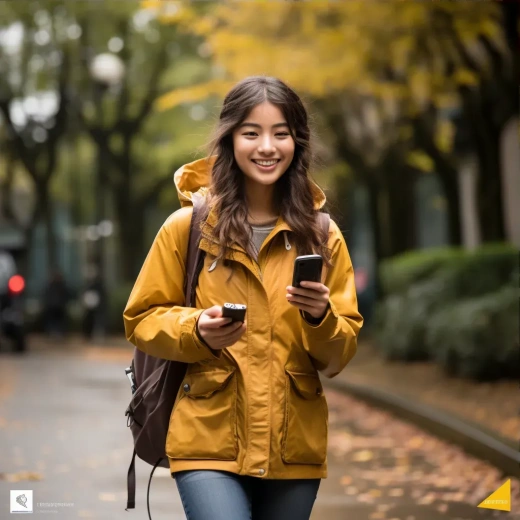 20岁亚洲女孩秋日骑行，手机拍照笑颜如花